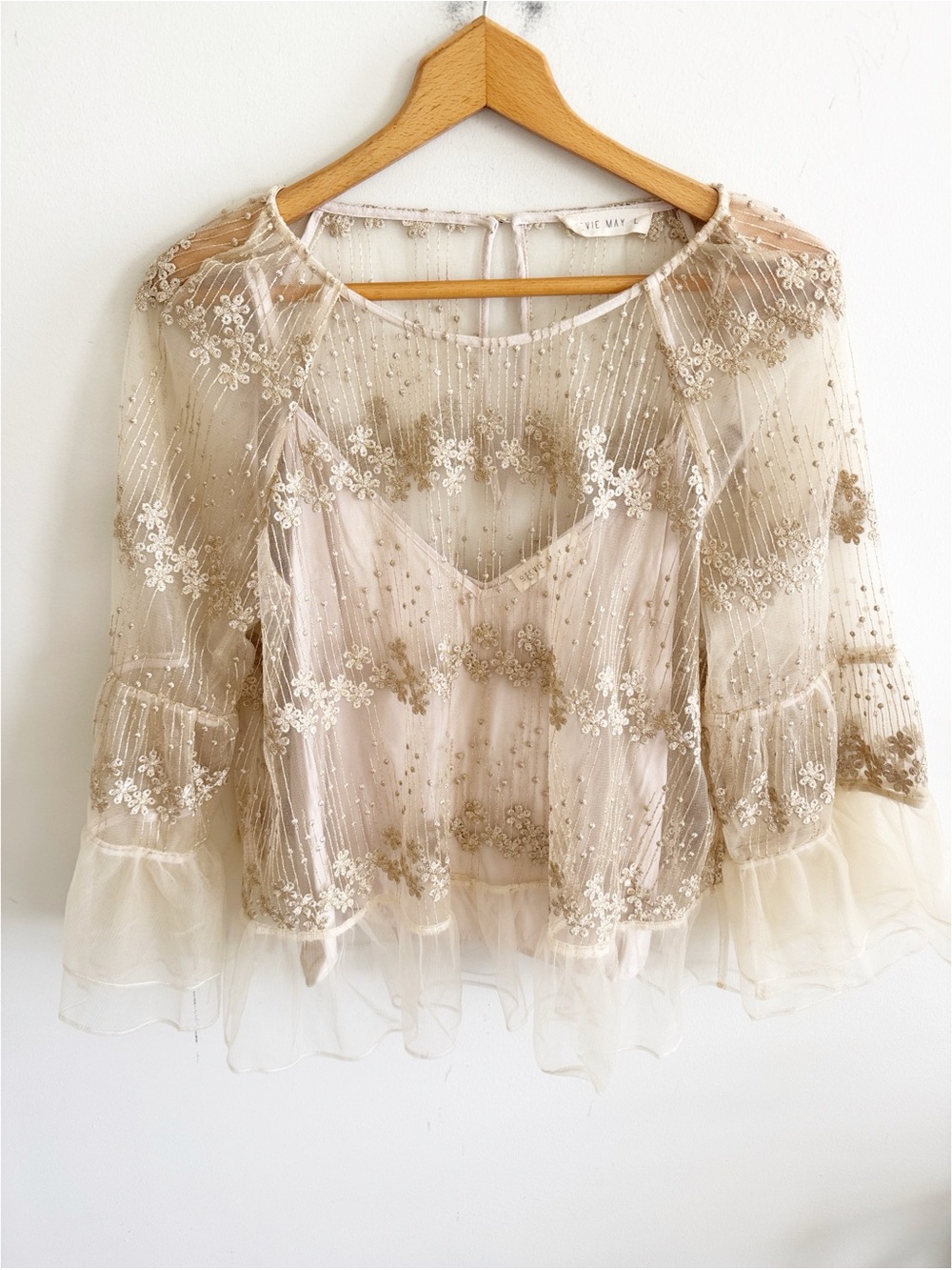 STEVIE MAY tulle embroidered metallic gold tan blouse top with nude tank size L